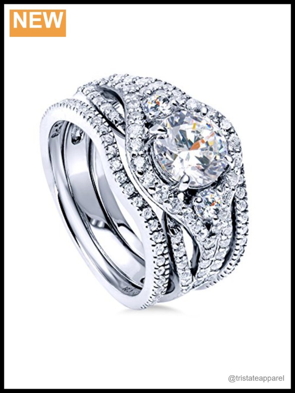 Sterling Silver 3-Stone CZ Wedding Engagement Ring Set